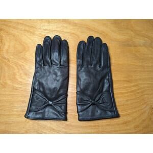 ALDO Ladies Size Medium Black Leather Driving Gloves Bow Detail